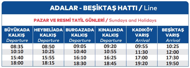 adalar kadıköy beşiktaş hattı pazar ve tatil günleri vapur saatleri