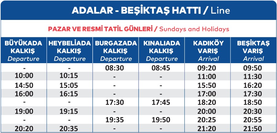 adalar kadıköy beşiktaş hattı pazar ve tatil günleri vapur saatleri