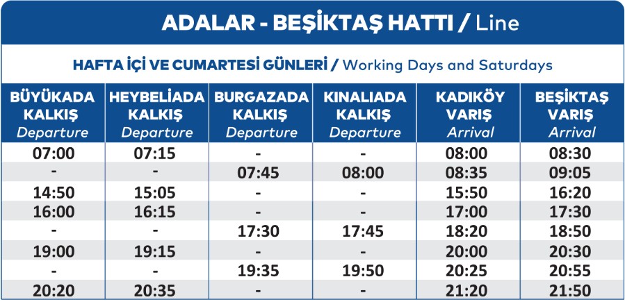 adalar kadıköy beşiktaş hattı hafta içi vapur saatleri