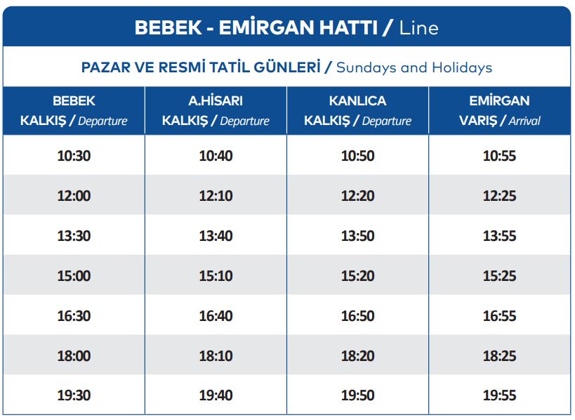 emirgan bebek vapur saatleri