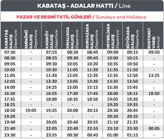 kabataş kadıköy adalar hattı pazar ve tatil günleri vapur saatleri