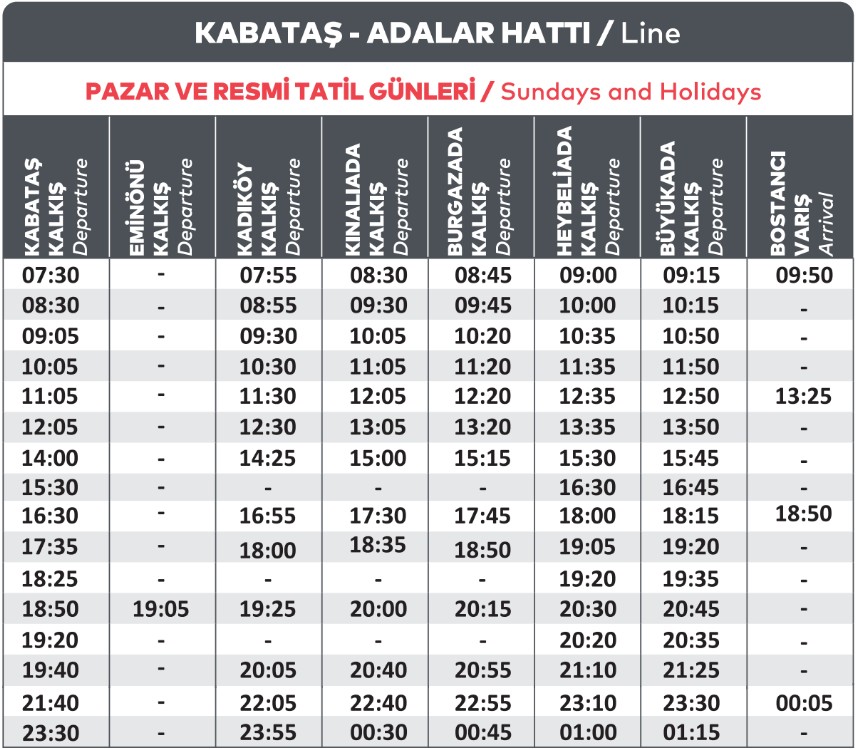 kabataş kadıköy adalar hattı pazar ve tatil günleri vapur saatleri