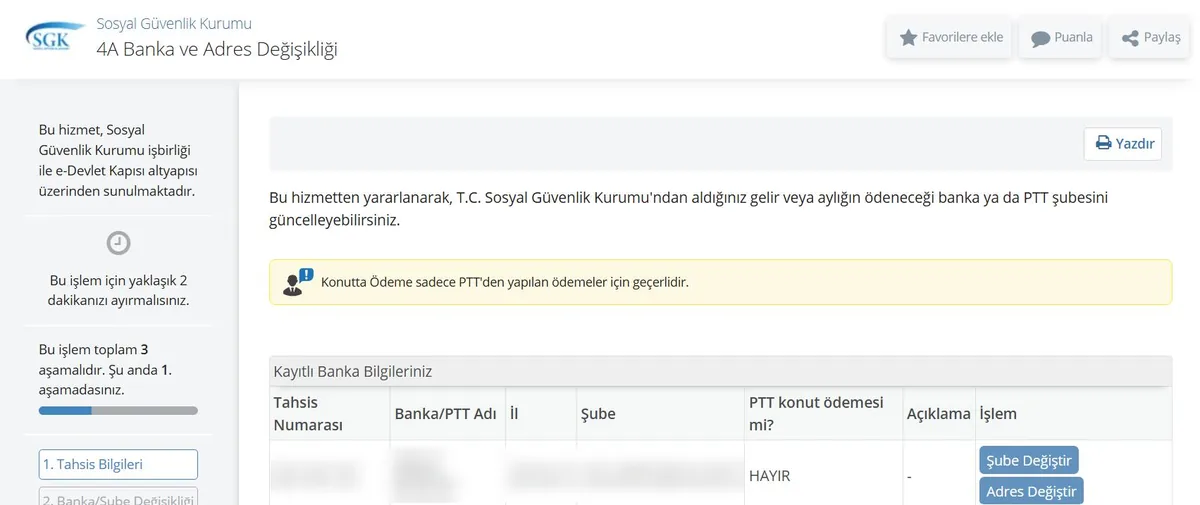 e-Devlet 4A Banka ve Adres Değişikliği ekranı: kayıtlı banka bilgileri ve Şube Değiştir düğmesi