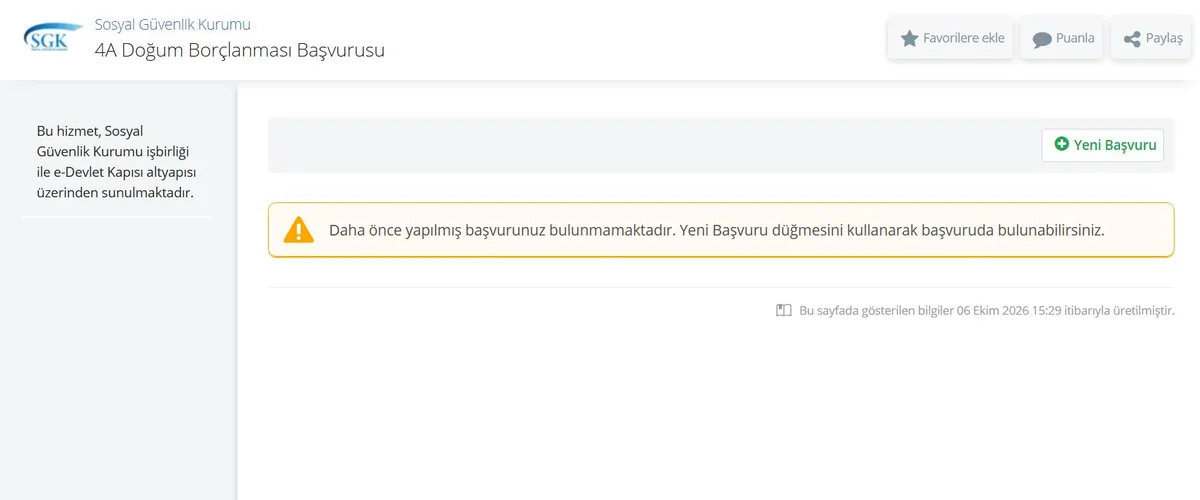 e-Devlet 4A Doğum Borçlanması Başvurusu ekranı ve Yeni Başvuru düğmesi