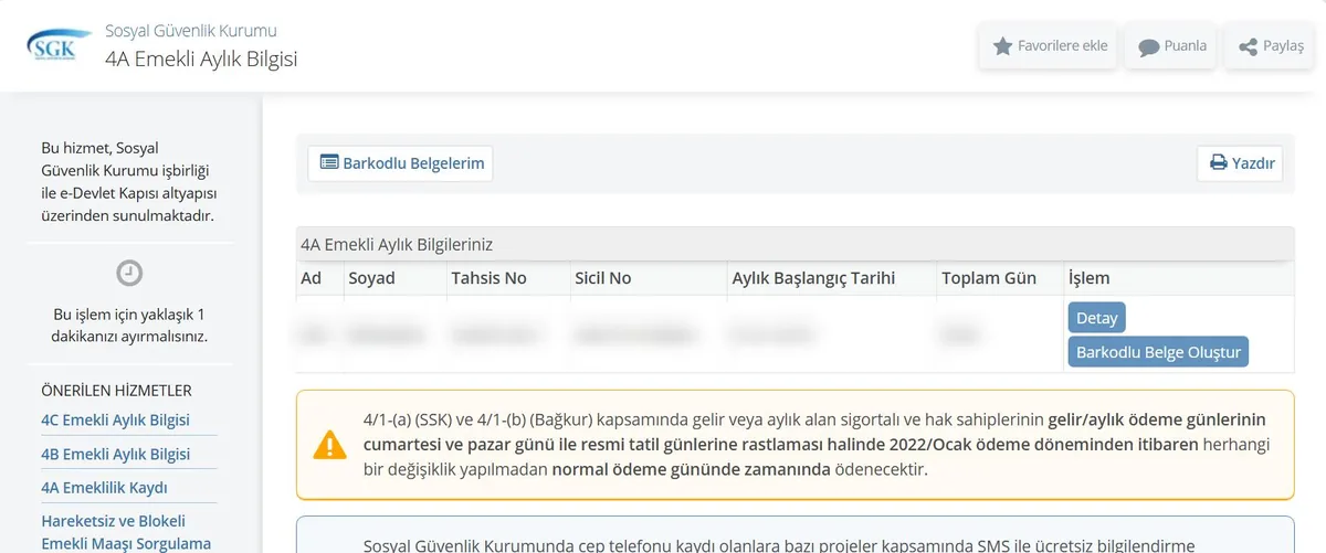 e-Devlet 4A Emekli Aylık Bilgisi ekranı: tahsis numarası, aylık başlangıç tarihi, toplam gün ve Detay düğmesi
