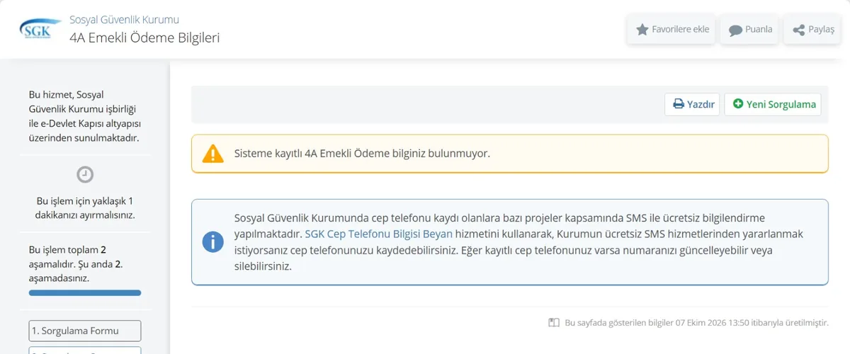 e-Devlet 4A Emekli Ödeme Bilgileri ekranı: Yazdır ve Yeni Sorgulama düğmeleri