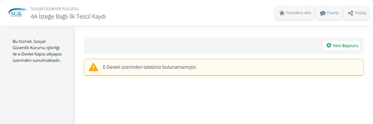 e-Devlet 4A İsteğe Bağlı İlk Tescil Kaydı ekranı: Yeni Başvuru düğmesi