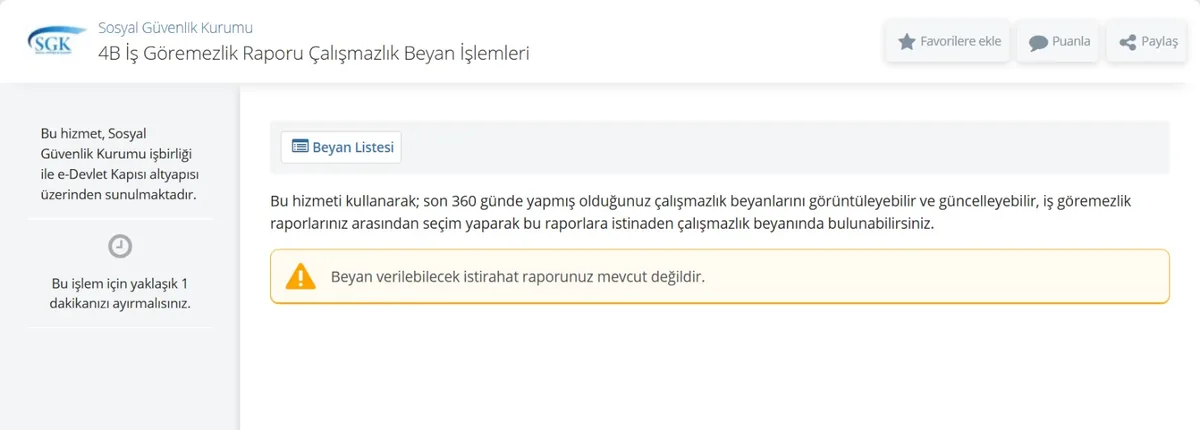 e-Devlet 4B İş Göremezlik Raporu Çalışmazlık Beyan İşlemleri ekranı: Beyan Listesi düğmesi