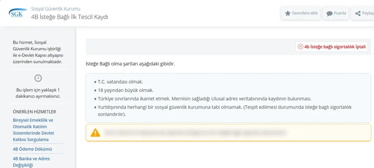 e-Devlet 4B İsteğe Bağlı İlk Tescil Kaydı ekranı: isteğe bağlı olma şartları ve sigortalılık iptali düğmesi