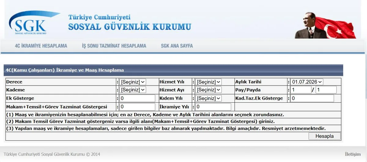SGK 4C Kamu Çalışanları İkramiye ve Maaş Hesaplama ekranı: derece, kademe, ek gösterge, hizmet yılı, kıdem yılı ve aylık tarihi alanları