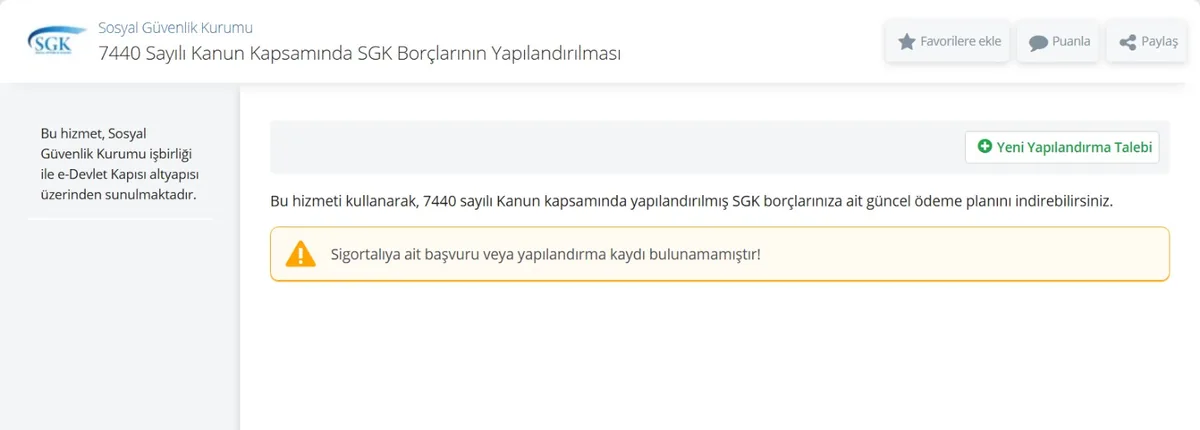e-Devlet 7440 Sayılı Kanun Kapsamında SGK Borçlarının Yapılandırılması ekranı: güncel ödeme planı indirme