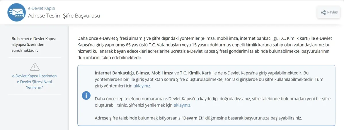 e-Devlet Adrese Teslim Şifre Başvurusu ekranı: 65 yaş üstü ve engelli kimlik kartı sahipleri için ücretsiz şifre gönderimi