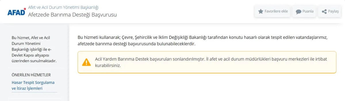 e-Devlet AFAD Afetzede Barınma Desteği Başvurusu ekranı: başvuruların sonlandırıldığı duyurusu