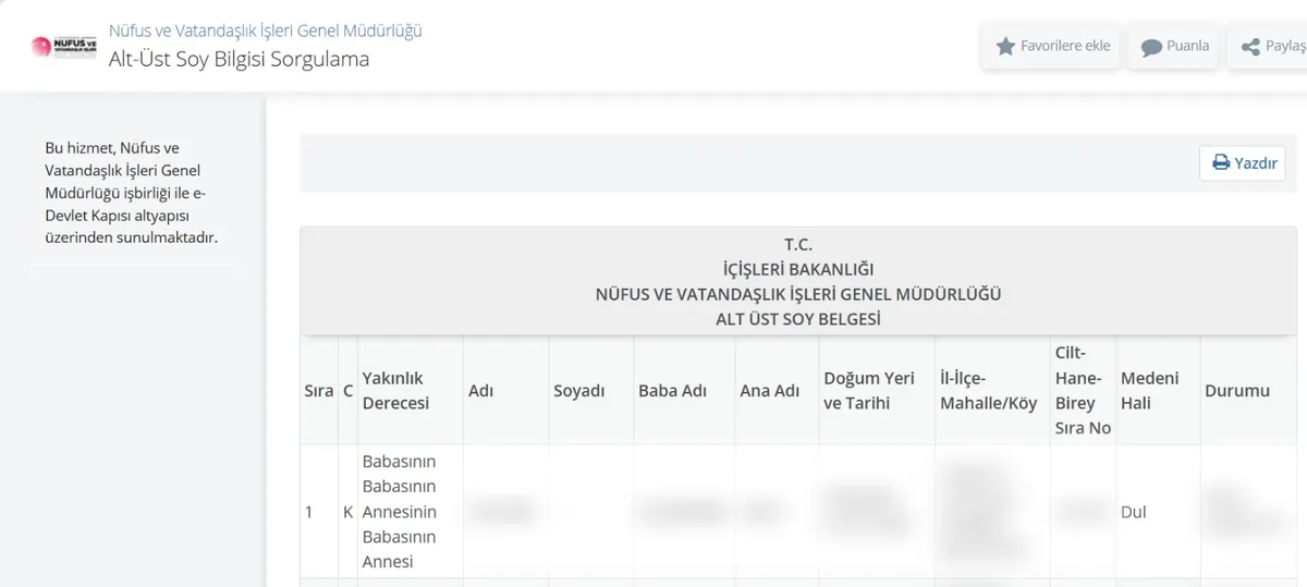 e-Devlet Alt-Üst Soy Bilgisi Sorgulama ekranı: alt üst soy belgesi tablosu ve sütun başlıkları (kişisel bilgiler gizlenmiştir)