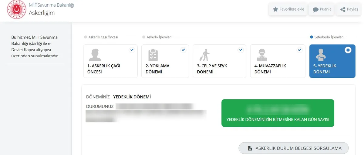 e-Devlet Askerliğim ekranı: Askerlik Çağı Öncesi, Yoklama, Celp ve Sevk, Muvazzaflık ve Yedeklik dönemleri