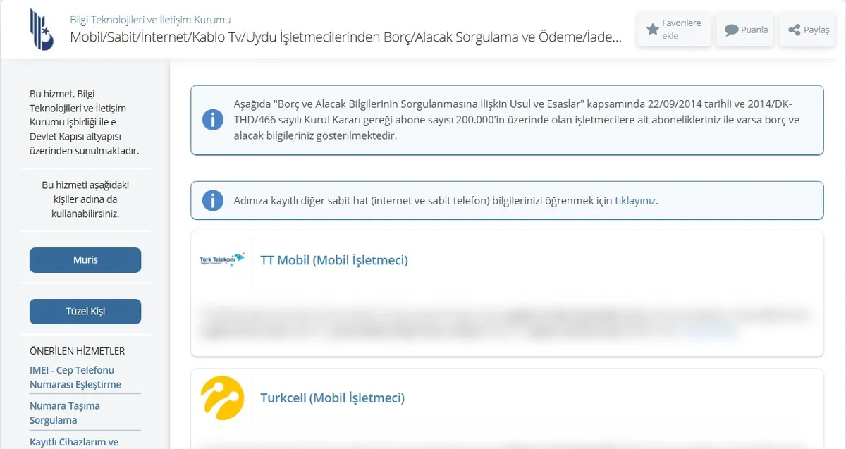 e-Devlet BTK Mobil/Sabit/İnternet/Kablo Tv/Uydu İşletmecilerinden Borç/Alacak Sorgulama ekranı