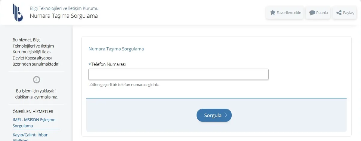 e-Devlet BTK Numara Taşıma Sorgulama ekranı: Telefon Numarası alanı ve Sorgula düğmesi