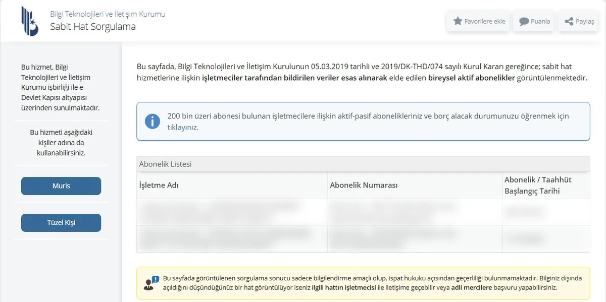 e-Devlet BTK Sabit Hat Sorgulama ekranı: adınıza kayıtlı aktif sabit hat ve internet abonelikleri listesi