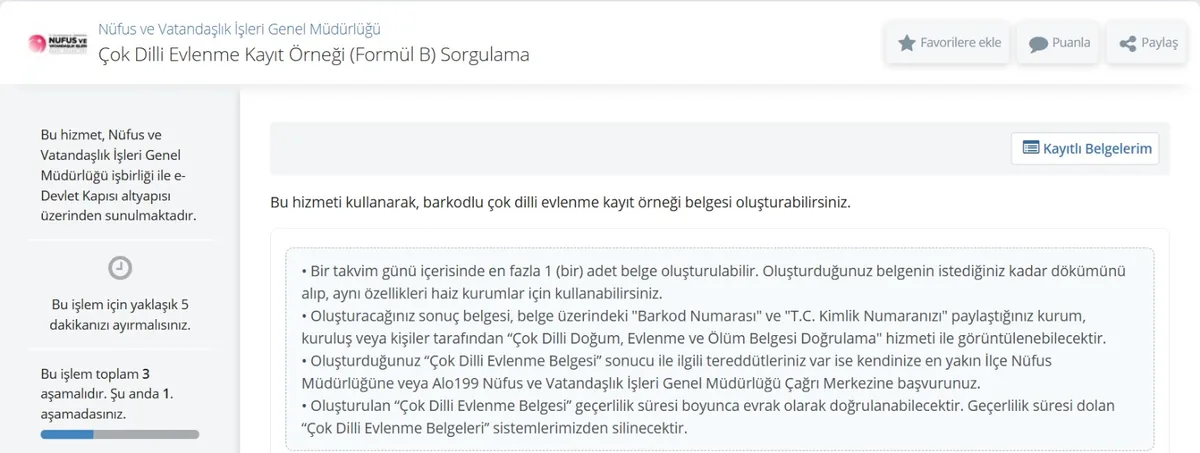 e-Devlet Çok Dilli Evlenme Kayıt Örneği Formül B Sorgulama ekranı: bilgilendirme maddeleri