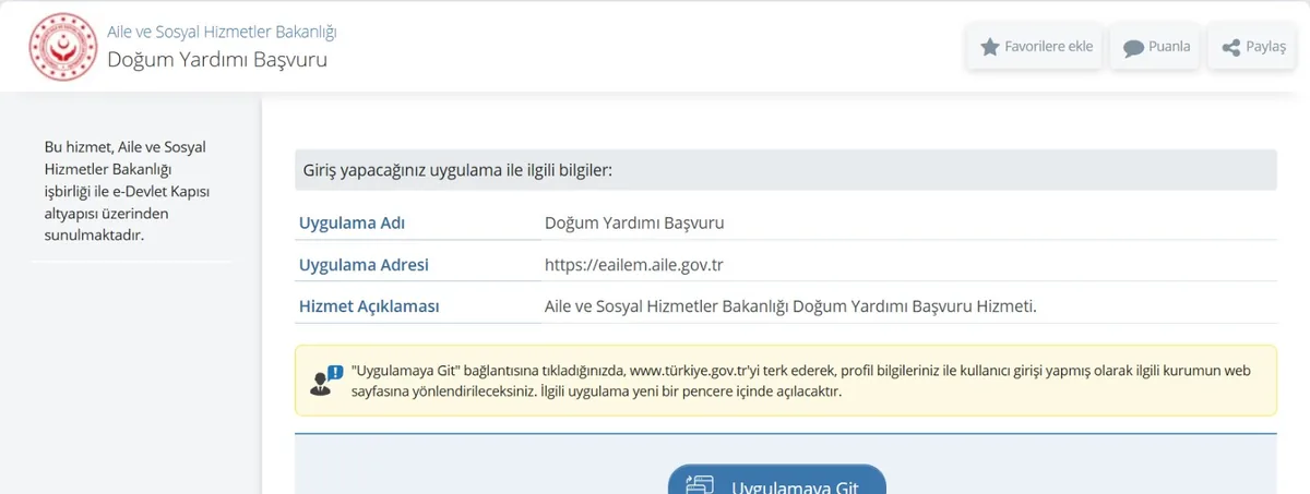 e-Devlet Aile ve Sosyal Hizmetler Bakanlığı Doğum Yardımı Başvuru ekranı: Uygulamaya Git düğmesi