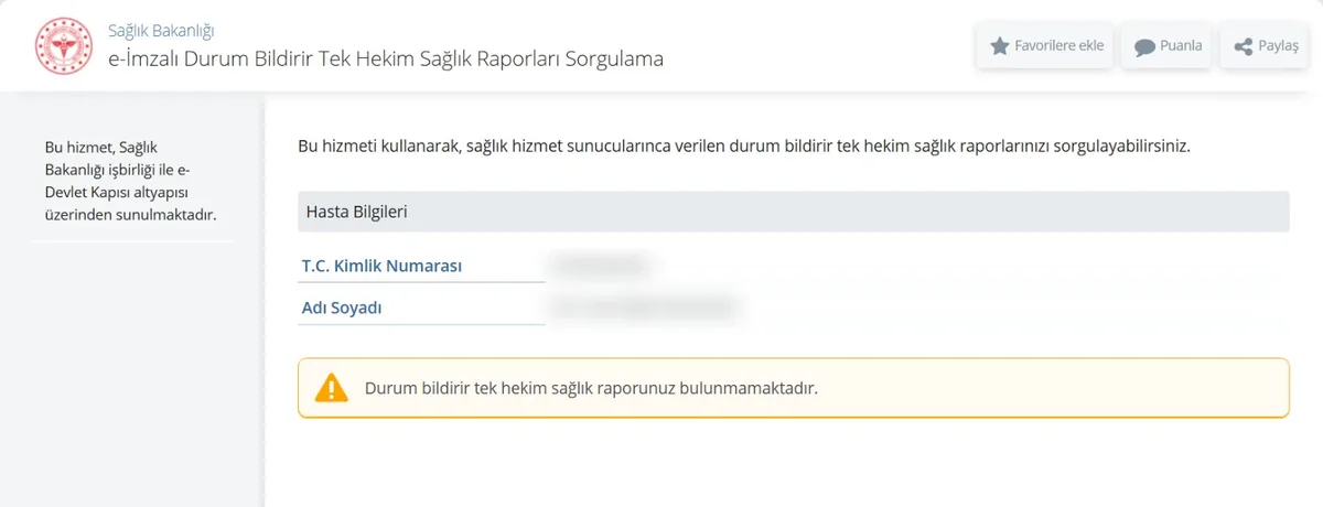 e-Devlet e-İmzalı Durum Bildirir Tek Hekim Sağlık Raporları Sorgulama ekranı