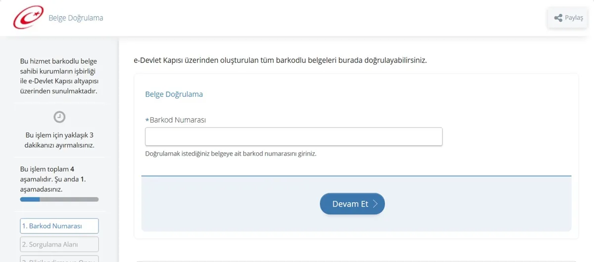 e-Devlet Belge Doğrulama ekranı: barkod numarası alanı ve doğrulama aşamaları
