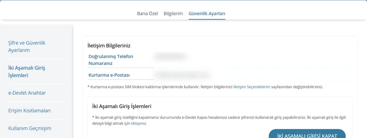 e-Devlet İki Aşamalı Giriş İşlemleri ekranı: doğrulanmış telefon numarası, kurtarma e-postası ve iki aşamalı girişi açma-kapama seçenekleri
