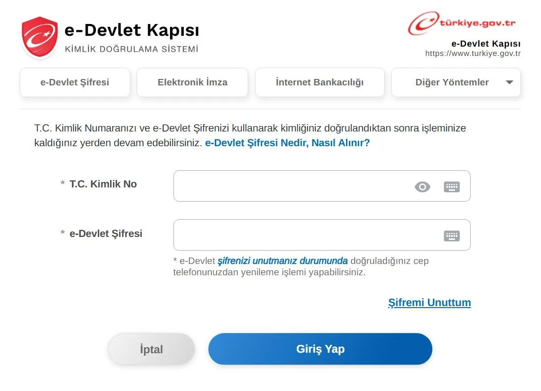 e-Devlet Kapısı Kimlik Doğrulama Sistemi giriş ekranı: e-Devlet Şifresi, Elektronik İmza, İnternet Bankacılığı ve Diğer Yöntemler sekmeleri