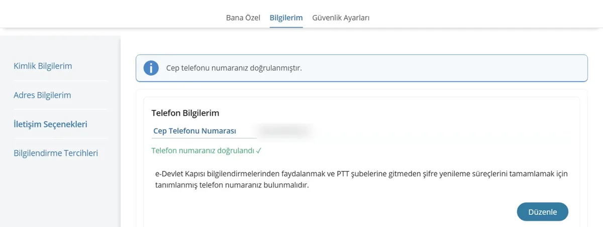 e-Devlet İletişim Seçenekleri ekranı: Telefon Bilgilerim ve E-Posta Bilgilerim alanları