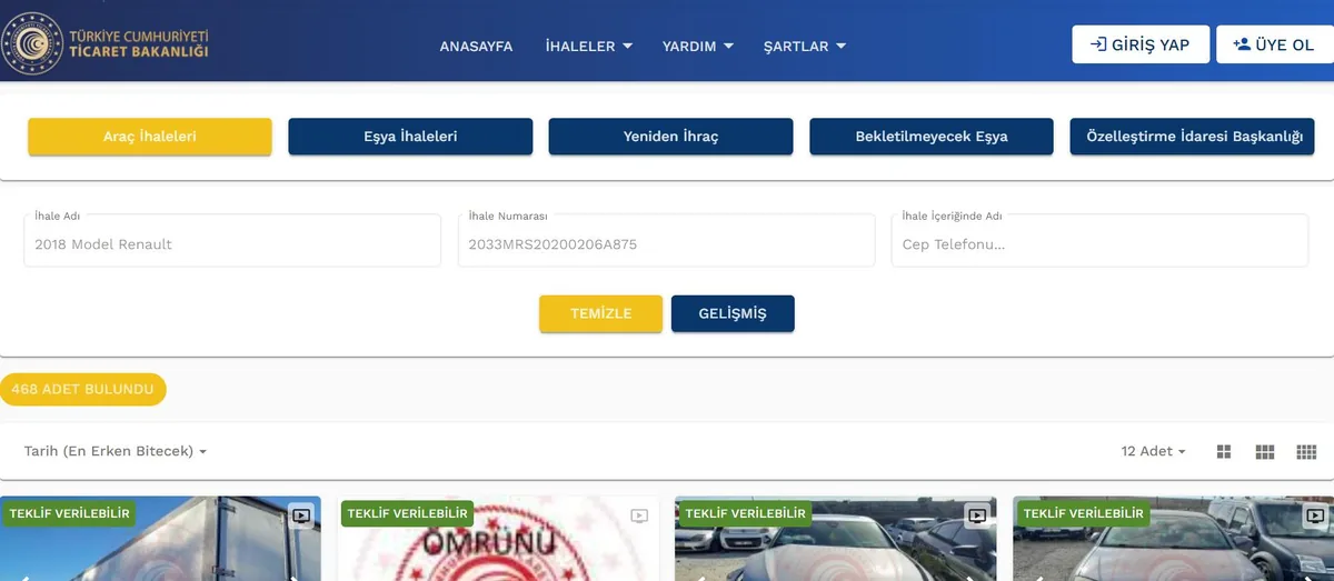 Ticaret Bakanlığı e-ihale sitesi ana sayfası: Araç İhaleleri, Eşya İhaleleri, Yeniden İhraç, Bekletilmeyecek Eşya ve Özelleştirme İdaresi sekmeleri ile ihale arama alanları
