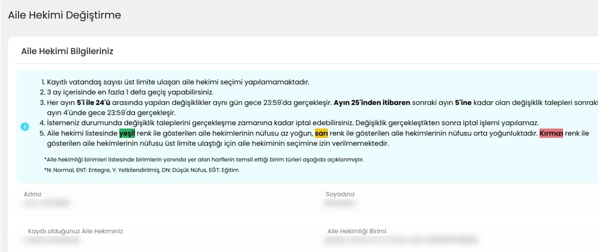 e-Nabız Aile Hekimi Değiştirme ekranı: değişiklik kuralları, yeşil sarı kırmızı renklerin anlamı ve birim türü harfleri
