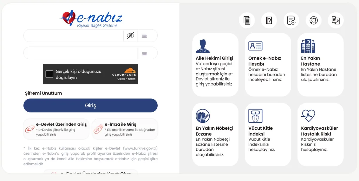 e-Nabız giriş ekranı: T.C. kimlik no ve şifre alanları, Şifremi Unuttum, e-Devlet Üzerinden Giriş ve e-İmza ile Giriş seçenekleri