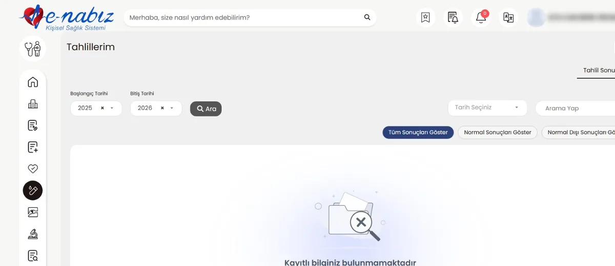 e-Nabız Tahlillerim ekranı: başlangıç ve bitiş yılı seçimi, Ara düğmesi ve sonuç filtreleri