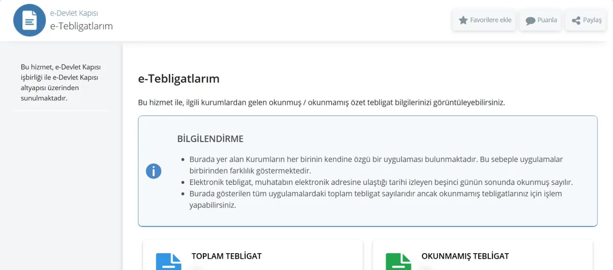 e-Devlet e-Tebligatlarım ekranı: bilgilendirme kutusu, toplam ve okunmamış tebligat sayıları
