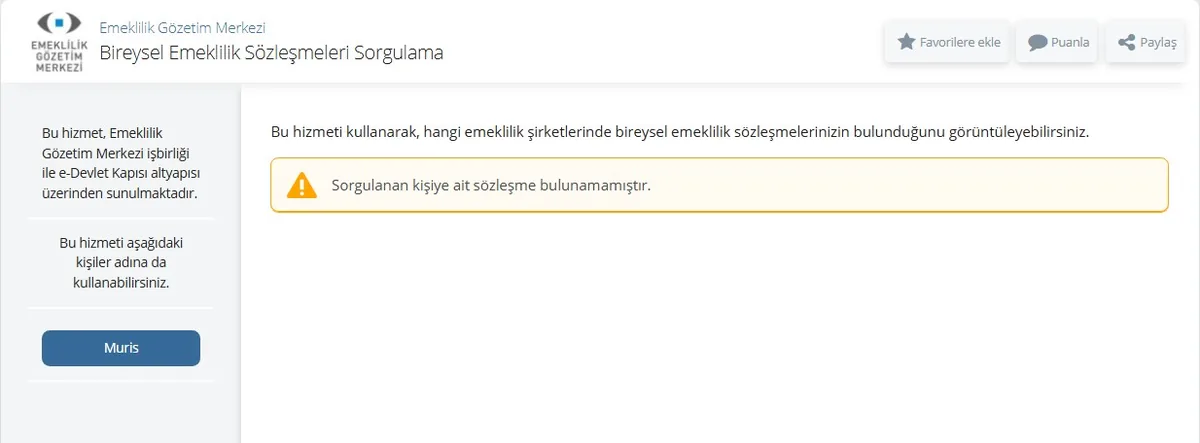 e-Devlet Emeklilik Gözetim Merkezi Bireysel Emeklilik Sözleşmeleri Sorgulama ekranı ve Muris düğmesi
