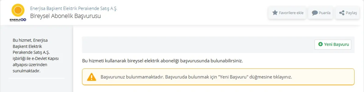 e-Devlet elektrik perakende satış şirketi Bireysel Abonelik Başvurusu ekranı ve Yeni Başvuru düğmesi