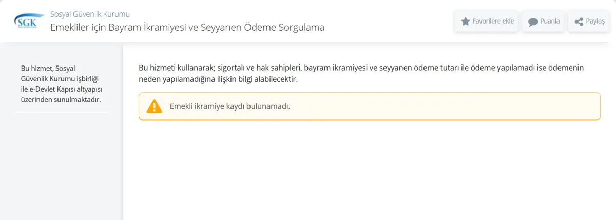 e-Devlet Emekliler için Bayram İkramiyesi ve Seyyanen Ödeme Sorgulama ekranı