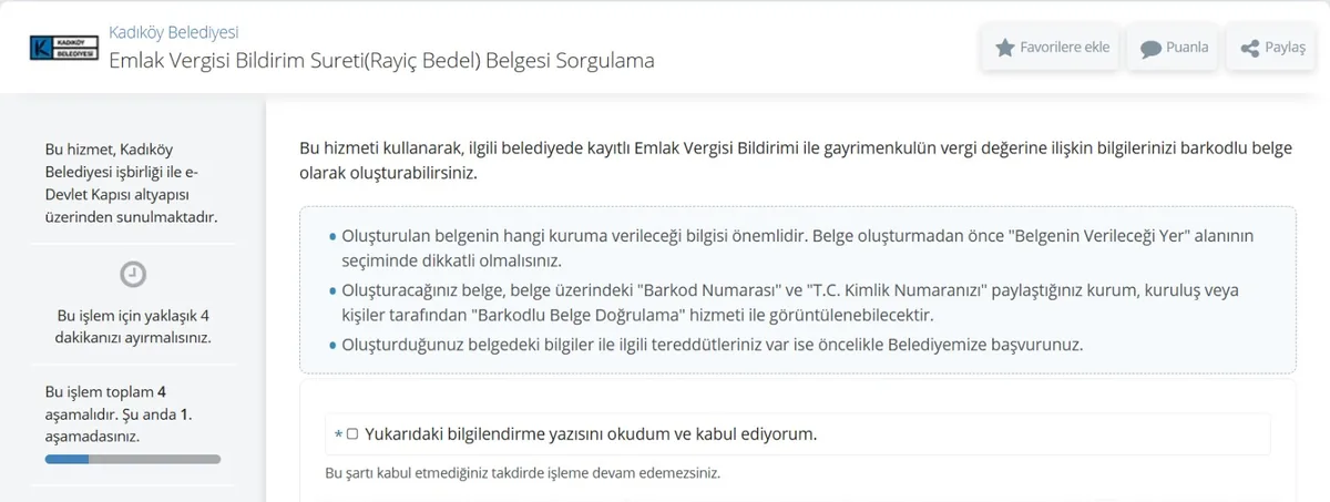 e-Devlet Emlak Vergisi Bildirim Sureti (Rayiç Bedel) Belgesi Sorgulama ekranı