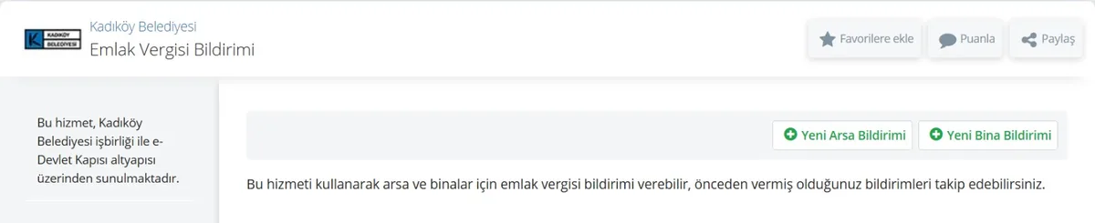 e-Devlet belediye Emlak Vergisi Bildirimi ekranı: Yeni Arsa Bildirimi ve Yeni Bina Bildirimi düğmeleri