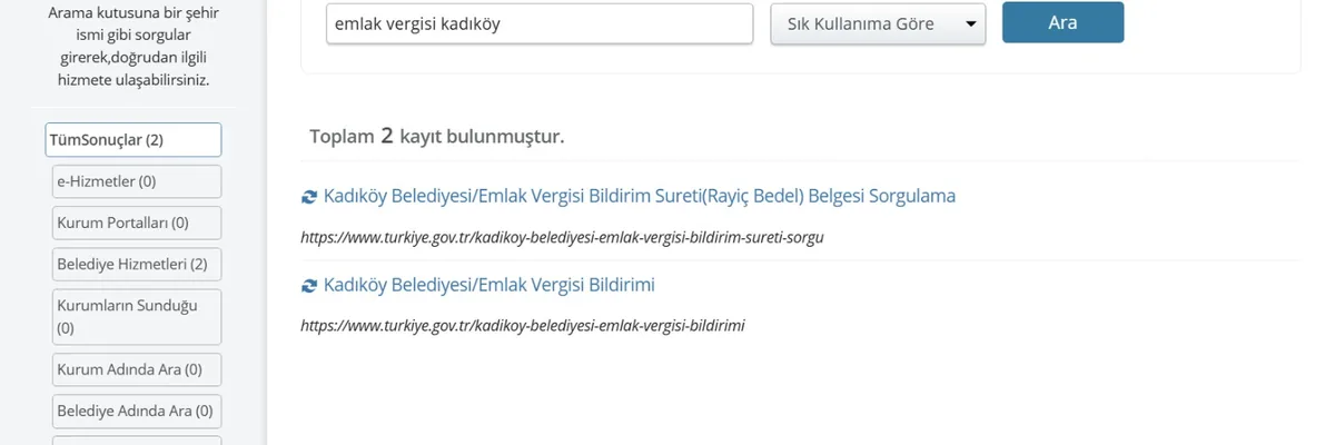 e-Devlet arama kutusunda emlak vergisi ve belediye adı ile arama sonuçları örneği