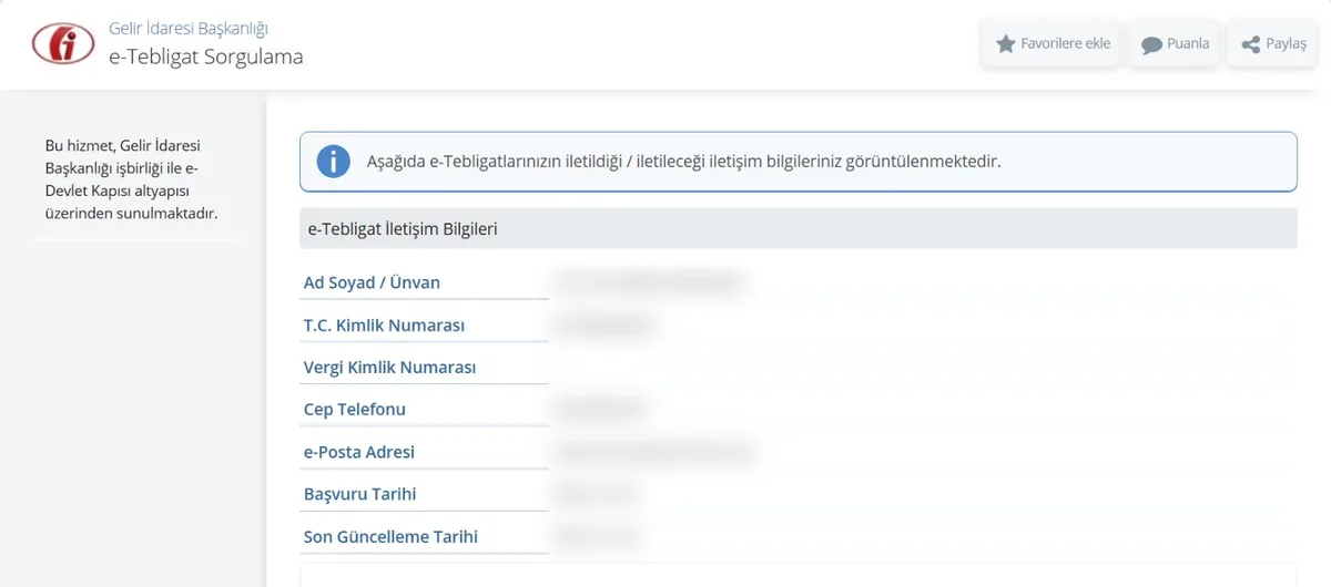 e-Devlet GİB e-Tebligat Sorgulama ekranı: e-tebligat iletişim bilgileri