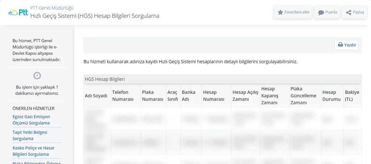 e-Devlet Hızlı Geçiş Sistemi (HGS) Hesap Bilgileri Sorgulama ekranı: plaka, araç sınıfı, hesap durumu ve bakiye sütunları