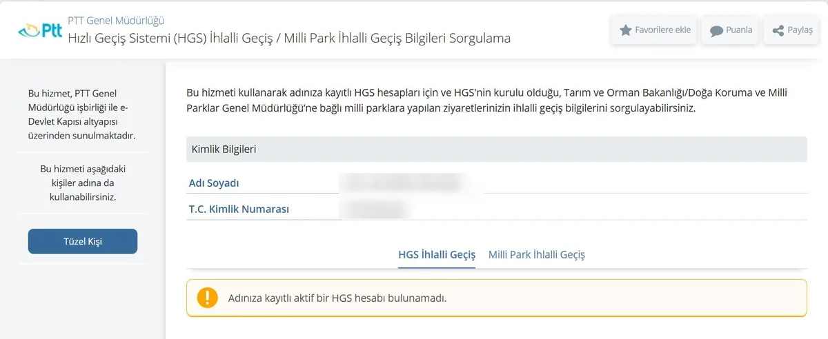 e-Devlet HGS İhlalli Geçiş Sorgulama Ekranı (2026) e-Devlet HGS İhlalli Geçiş ve Milli Park İhlalli Geçiş Bilgileri Sorgulama ekranı: kimlik bilgileri, iki sekme ve Tüzel Kişi seçeneği