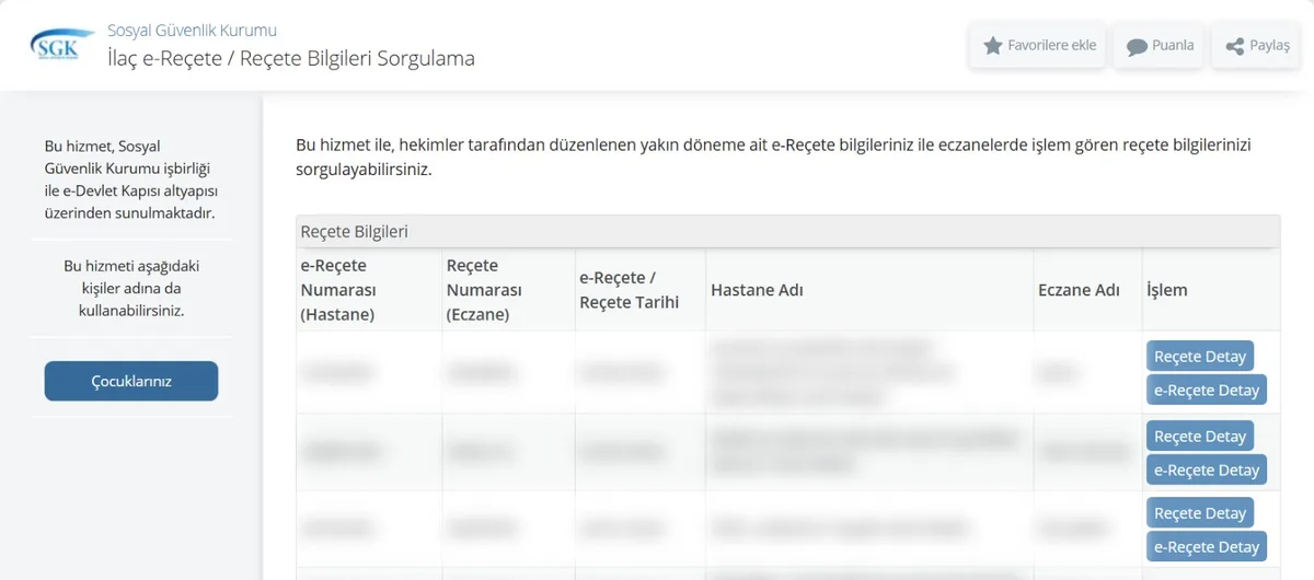 e-Devlet İlaç e-Reçete Reçete Bilgileri Sorgulama ekranı: reçete listesi, Reçete Detay ve e-Reçete Detay düğmeleri