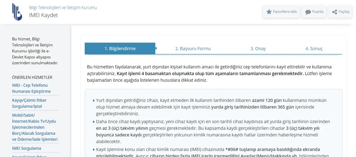 e-Devlet BTK IMEI Kaydet ekranı: Bilgilendirme, Başvuru Formu, Onay ve Sonuç aşamaları