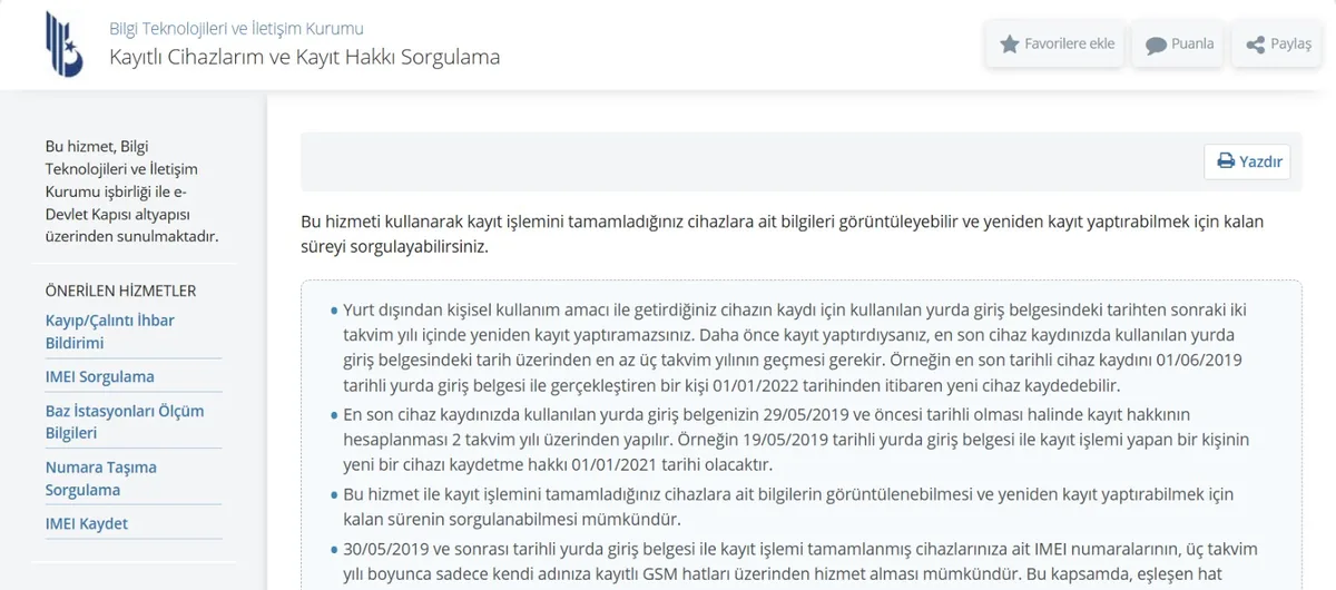 e-Devlet BTK Kayıtlı Cihazlarım ve Kayıt Hakkı Sorgulama ekranı