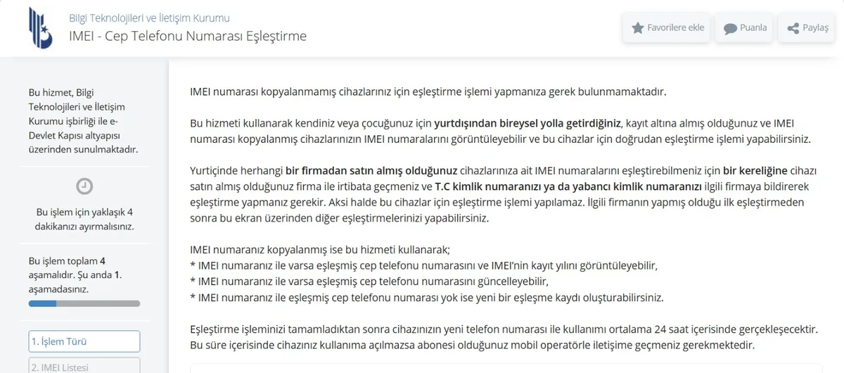 e-Devlet BTK IMEI - Cep Telefonu Numarası Eşleştirme ekranı