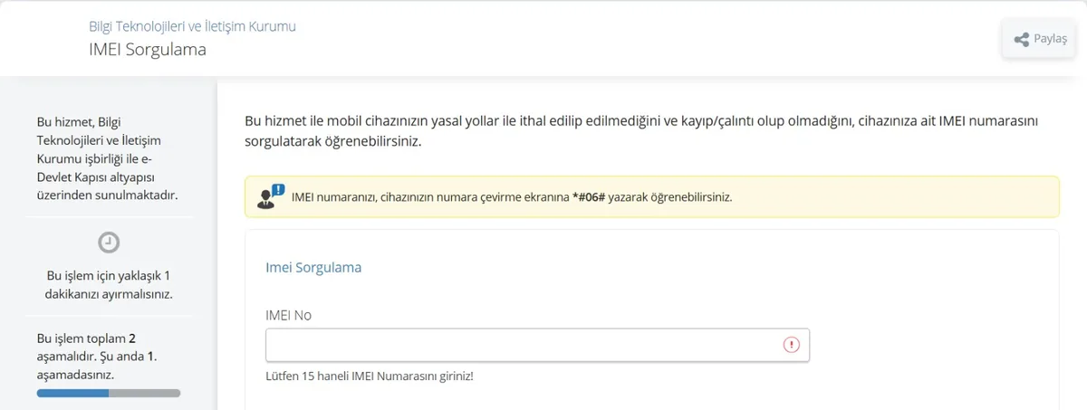 e-Devlet BTK IMEI Sorgulama ekranı: 15 haneli IMEI No alanı