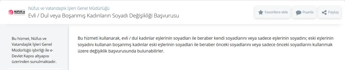 e-Devlet Evli, Dul veya Boşanmış Kadınların Soyadı Değişikliği Başvurusu ekranı