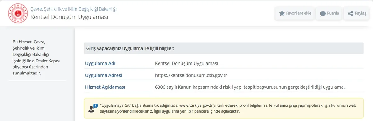 e-Devlet Kentsel Dönüşüm Uygulaması ekranı: riskli yapı tespit başvurusu uygulamasına yönlendirme